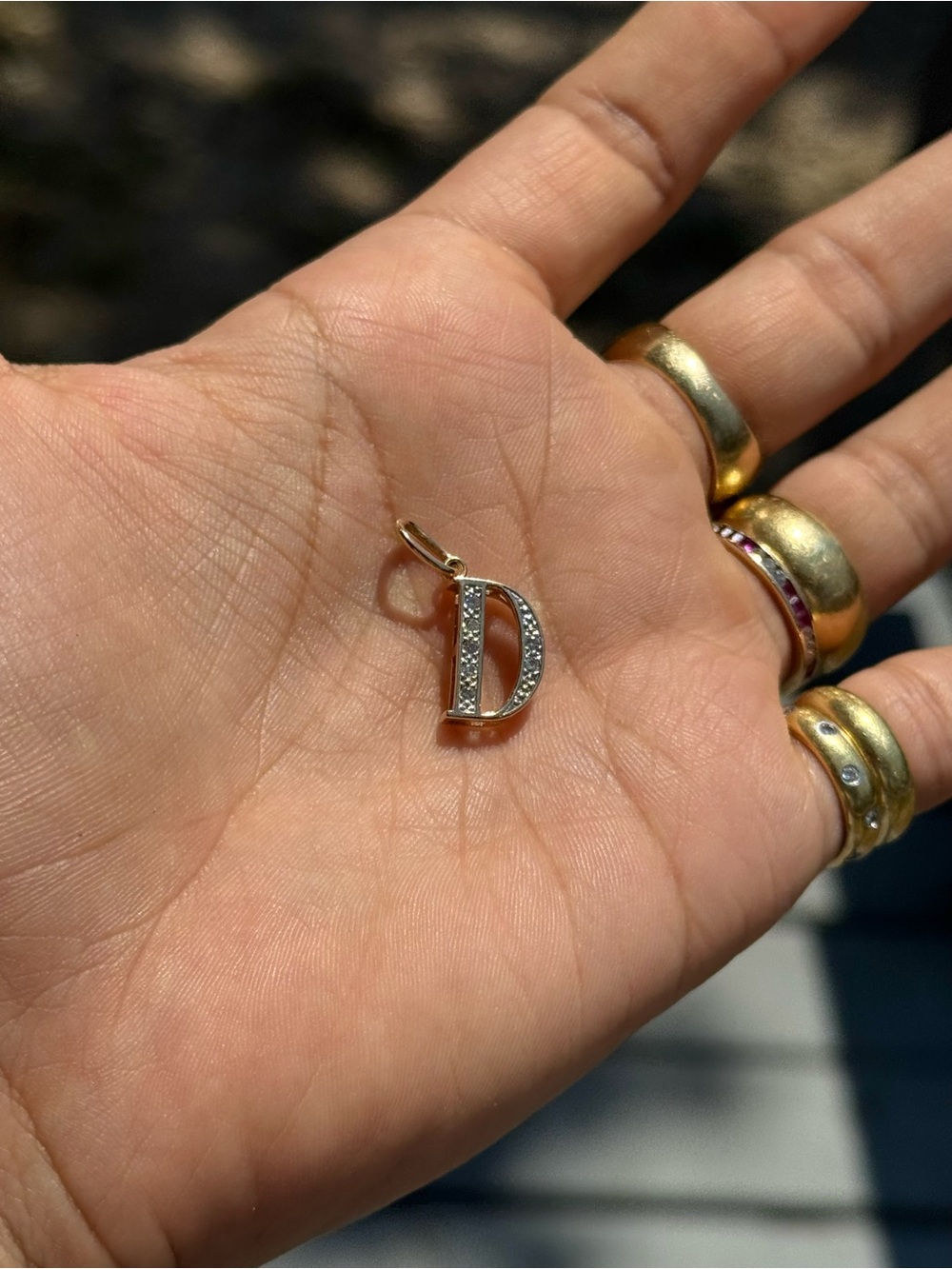 14k yellow Gold and natural Diamond 'D' Initial letter Charm Pendant